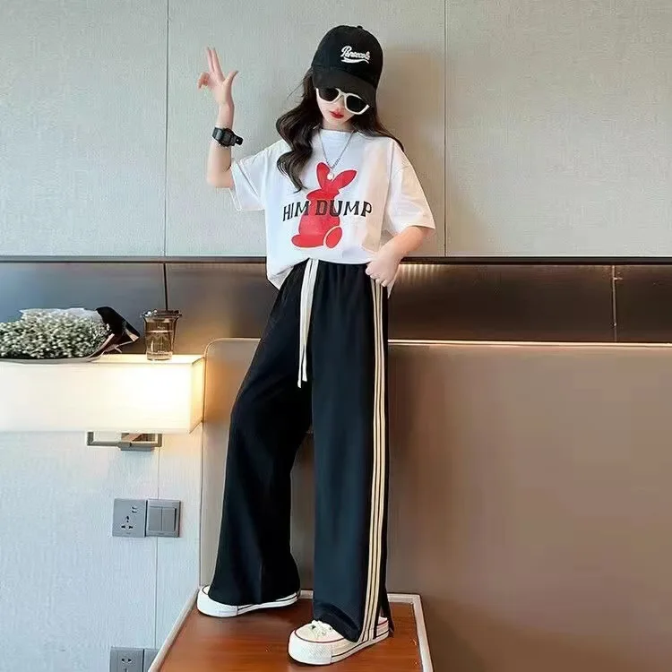 2023 Kids Girls summer loose short dump him T-shirts + striped Wide Leg Pants Children Sets Clothing Teenager 7 8 10 12 Years