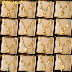 LAMENGLY 316L Stainless Steel Classy Golden Sun Heart Bow Pearl Pendant Necklace Women's Tropical Style Neck Chain Leisure Gifts