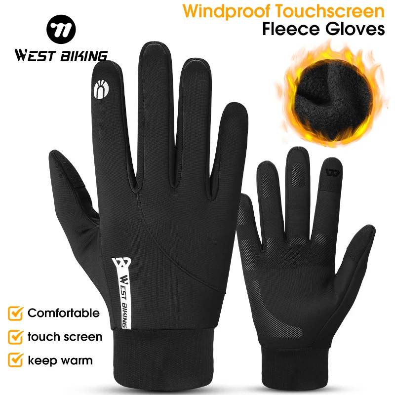 

WEST BIKING Cycling Sports Gloves Windproof Touch Screen Fleece Glove Reflective Non-slip MTB Road Bike Autumn Winter Warm Glove