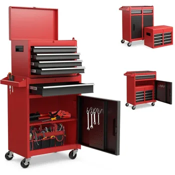 Cofre de herramientas rodante, organizador de caja de herramientas de 5 cajones con ruedas bloqueables y cajones deslizantes, estante superior desmontable y ajustable