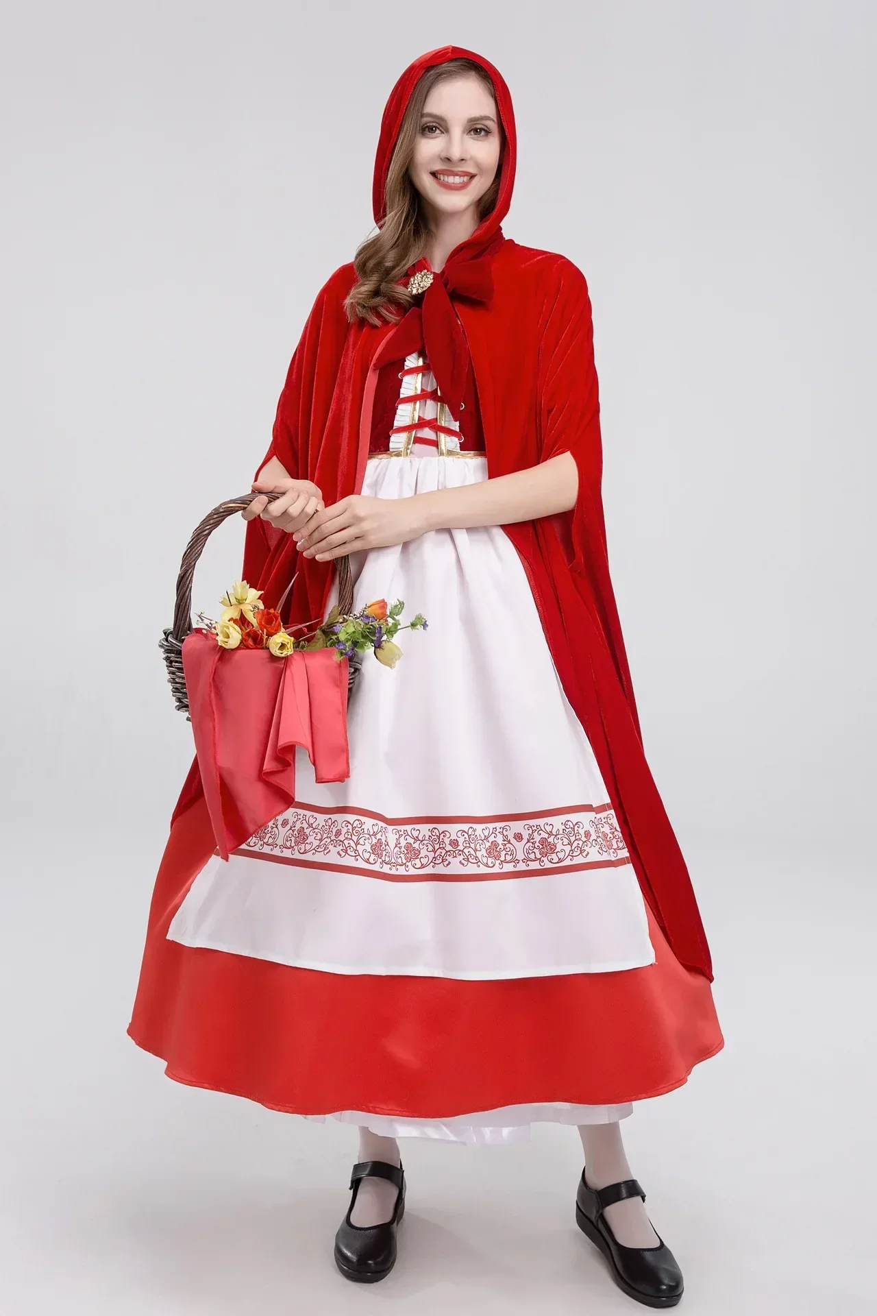 Little Red Riding Hood Costume for Women Shawl Fancy Adult Halloween Cosplay Fantasia Carnival Fairy Tale Dress+Cloak Apron