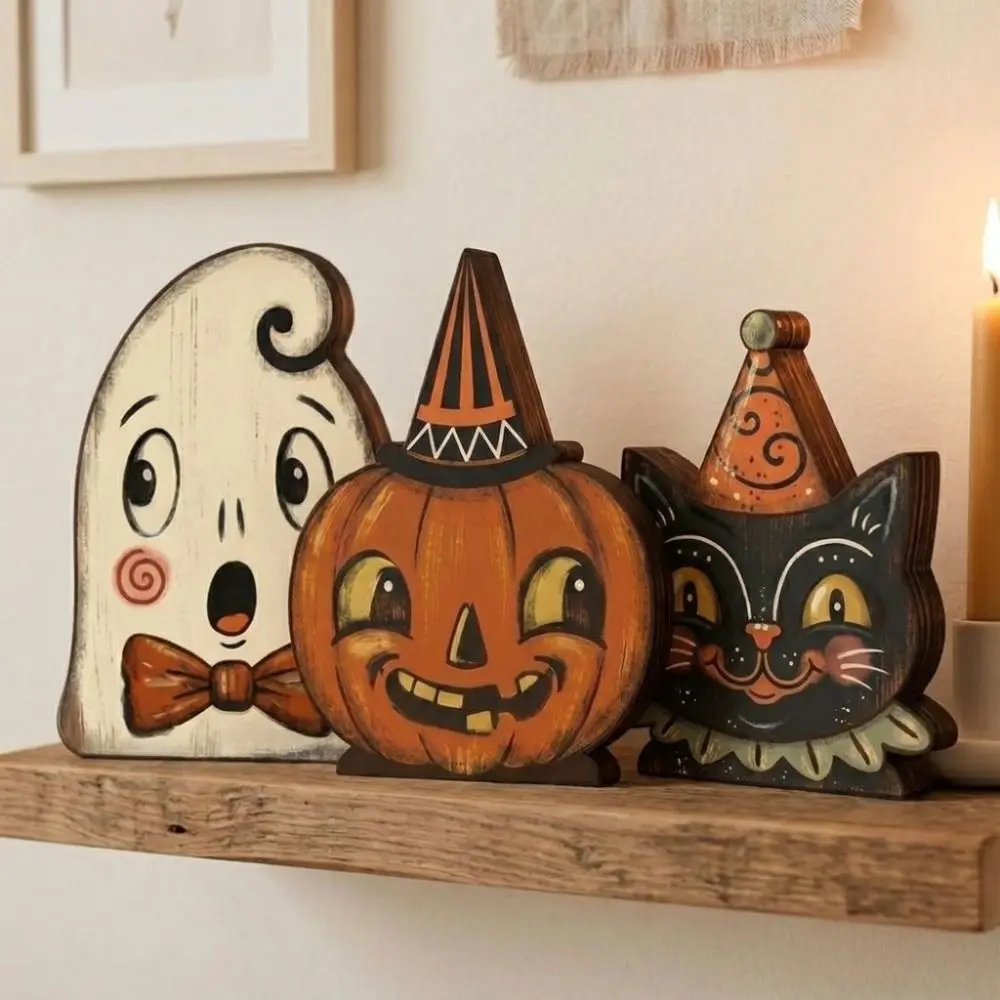 Cartoon Halloween Wooden Tabletop Sign Double Sided Pattern Hand Painted Ghost Pumpkin Owl Ornaments Farmhouse Style Integrated