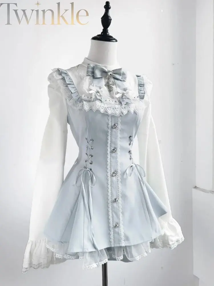 Women's Gothic Lolita Dress Set Lace Bell Sleeve Bib Collar Cinched Waist Two Piece Dress Outfit