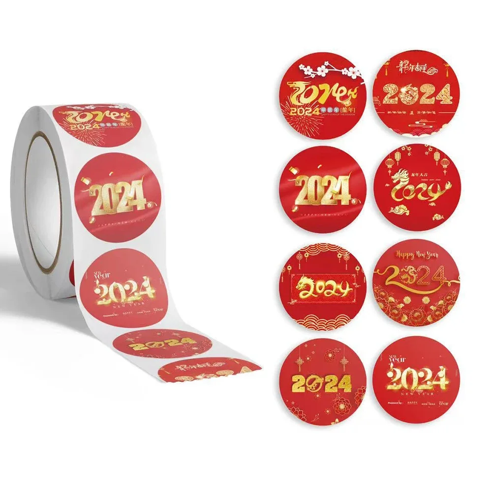 500Pcs/Roll 2024 Happy New Year Zelfklevende Sticker Diy Party Candy Bags Cadeau Verpakking Afdichting Etiketten Briefpapier