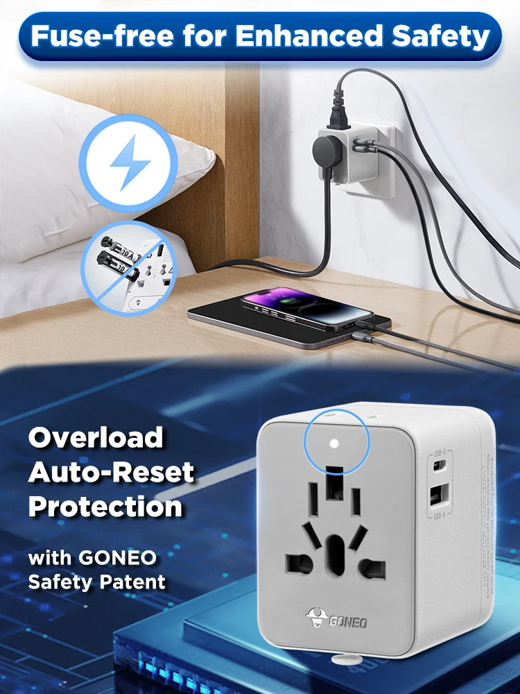 Goneo 15W/20W International Plug Adaptor with 2 AC 1 Type-C 1 USB All-in-one Universal Travel Adapter EU US UK AUS Standard