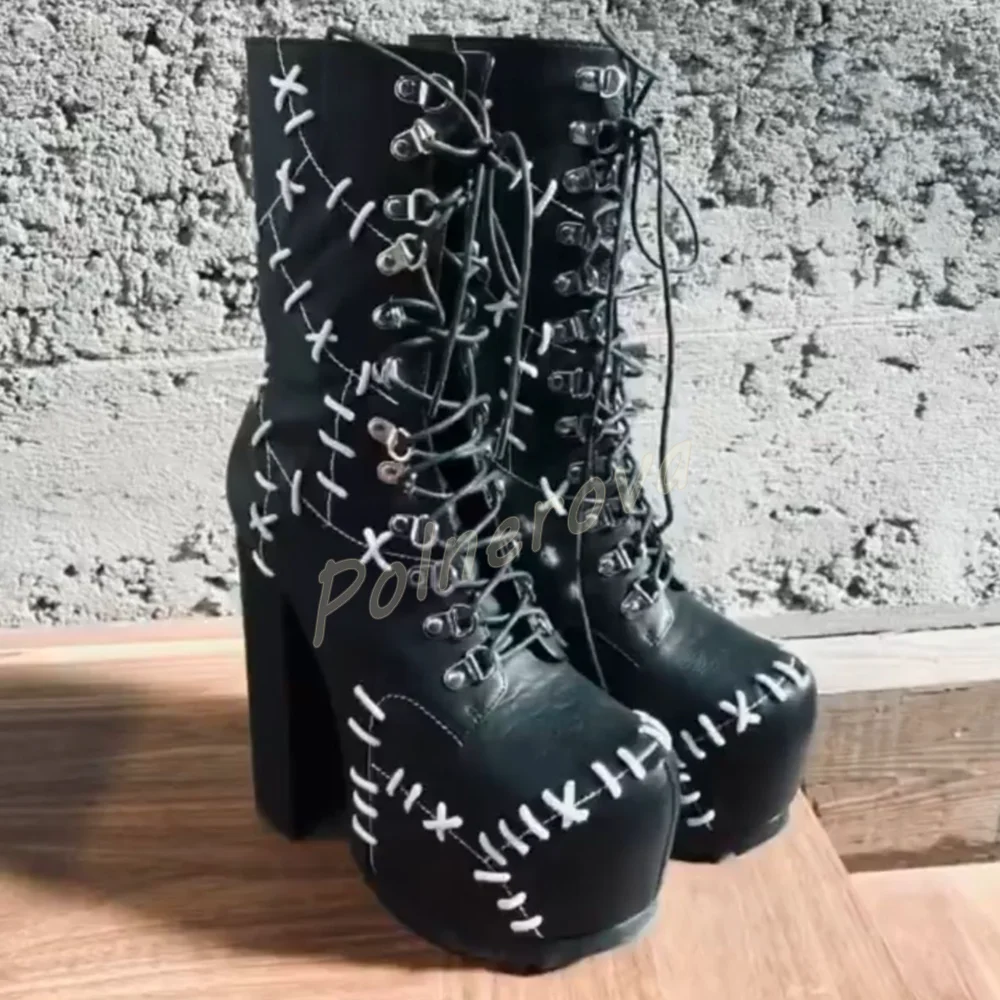 ゴシックプラットフォームミッドカーフブーツ ホワイトステッチ - Block Heel Ankle Boots のレビューと価格
