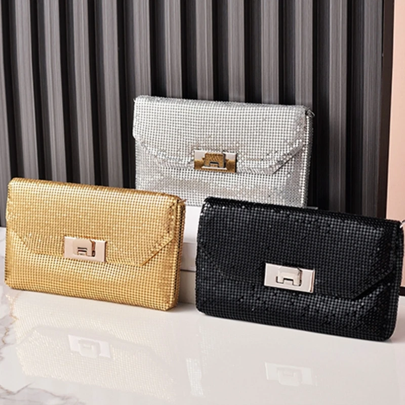 New Model Women Evening Clutch Bag Light Aluminum Piece Matte Golden Silver Black Lady Girl Shoulder Bags Chain Bag