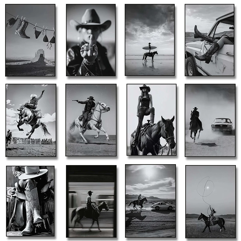 Vintage NYC Cowboy Subway Wall Art Print Black and White  Horse Western Cowgirl Luxury CarPoster  Printable Picture Home Decor