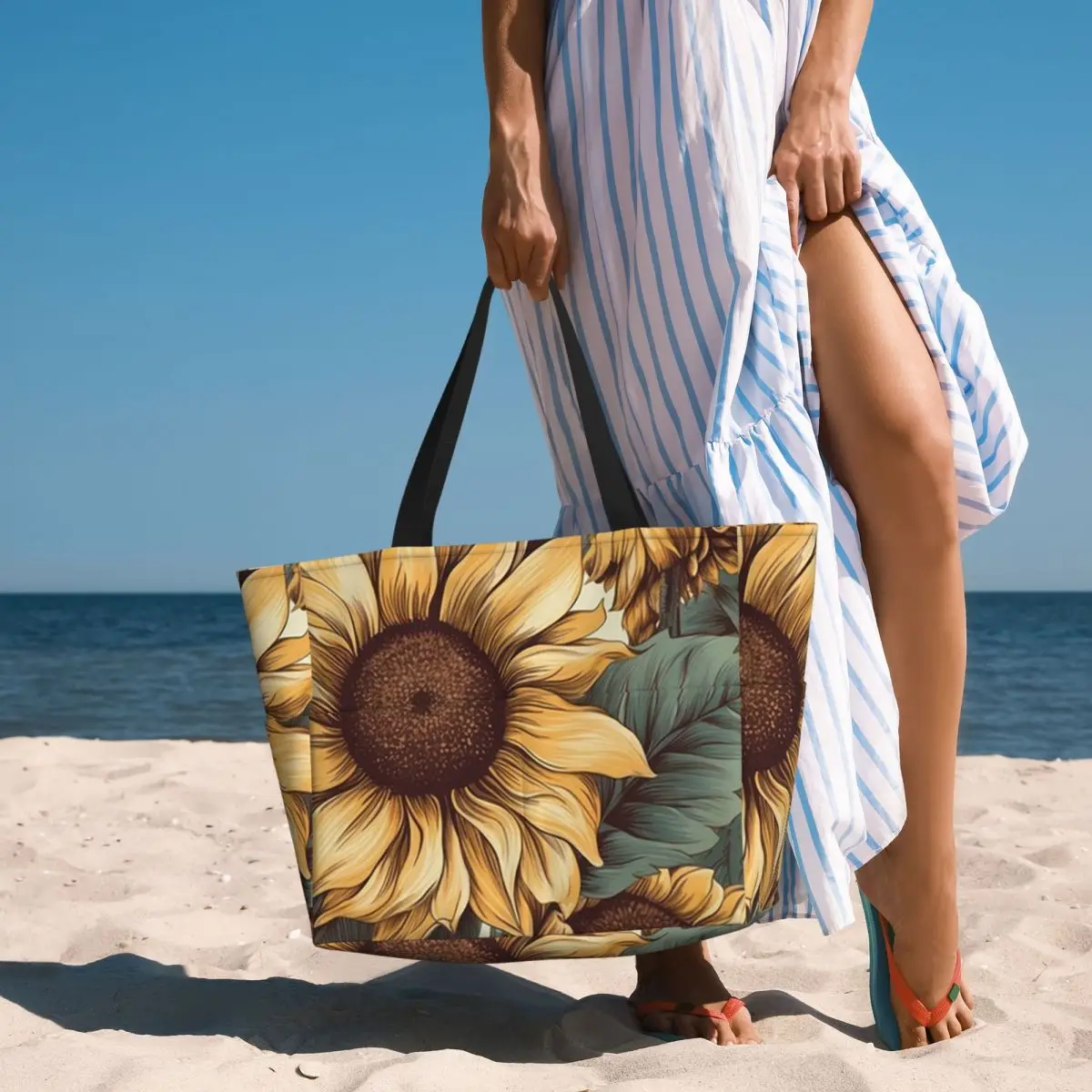 

Golden Sunflower Cluster Vintage Botanical Drawing Beach Tote Bag Sport Yoga Duffle Large Tote Bag Women Travel Bag Fitness bag