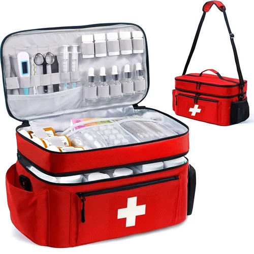 Imagen 1 del producto Bolsa de almacenamiento de medicamentos de viaje de gran capacidad, kit de emergencia portátil, diseño de doble capa, bolsa frontal, múltiples formas de llevar.