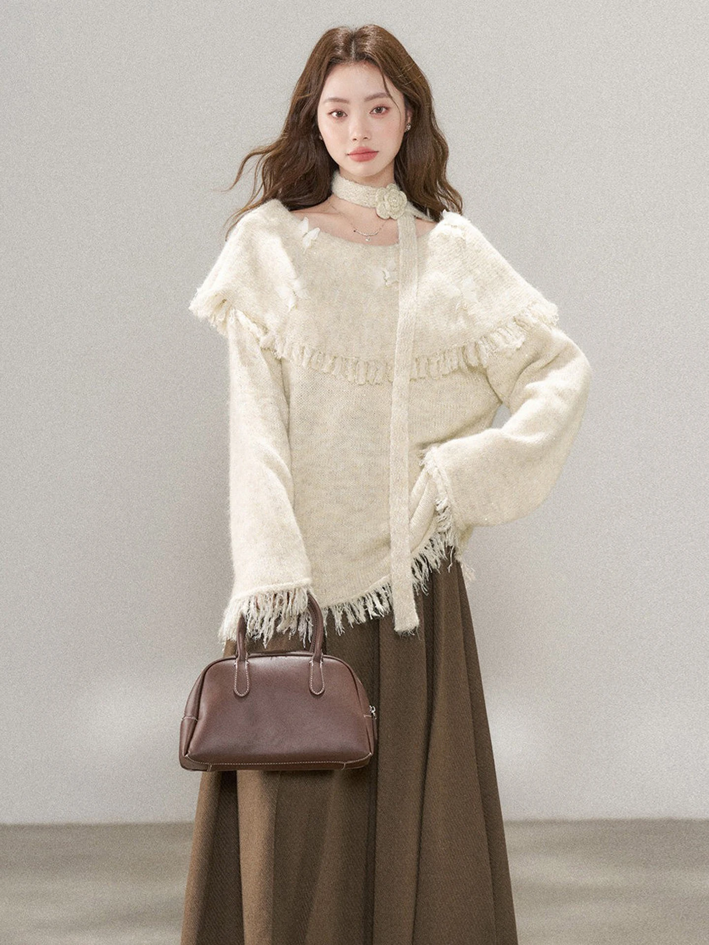 

Unique Beautiful Winter Faion Women's Loose Lazy Sle Tassel Sweater Skirt Set Two-Piece Suit Korean Sle Warmth Clothing