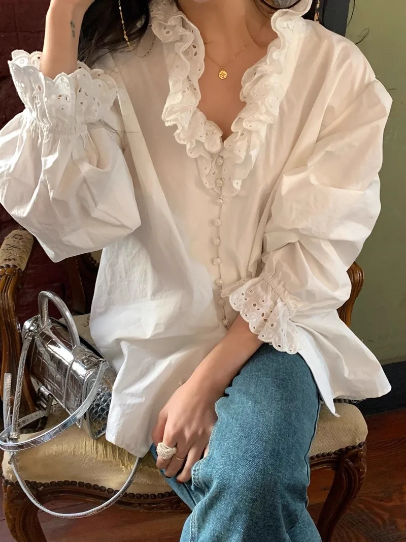 

Ele White irt для женщин с кружевной отделкой Свободный крой Long Sve Button up Casual Faion Осень Новый дизайн Court Sle