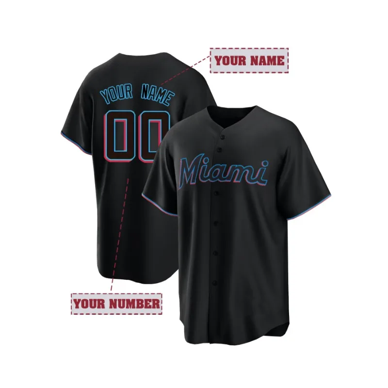 Personalisierter Name und Nummer Herren-Baseballtrikot mit Stickerei, Miami, schwarzer V-Ausschnitt, personalisierte Kurzarm-Button-Down-Hemden