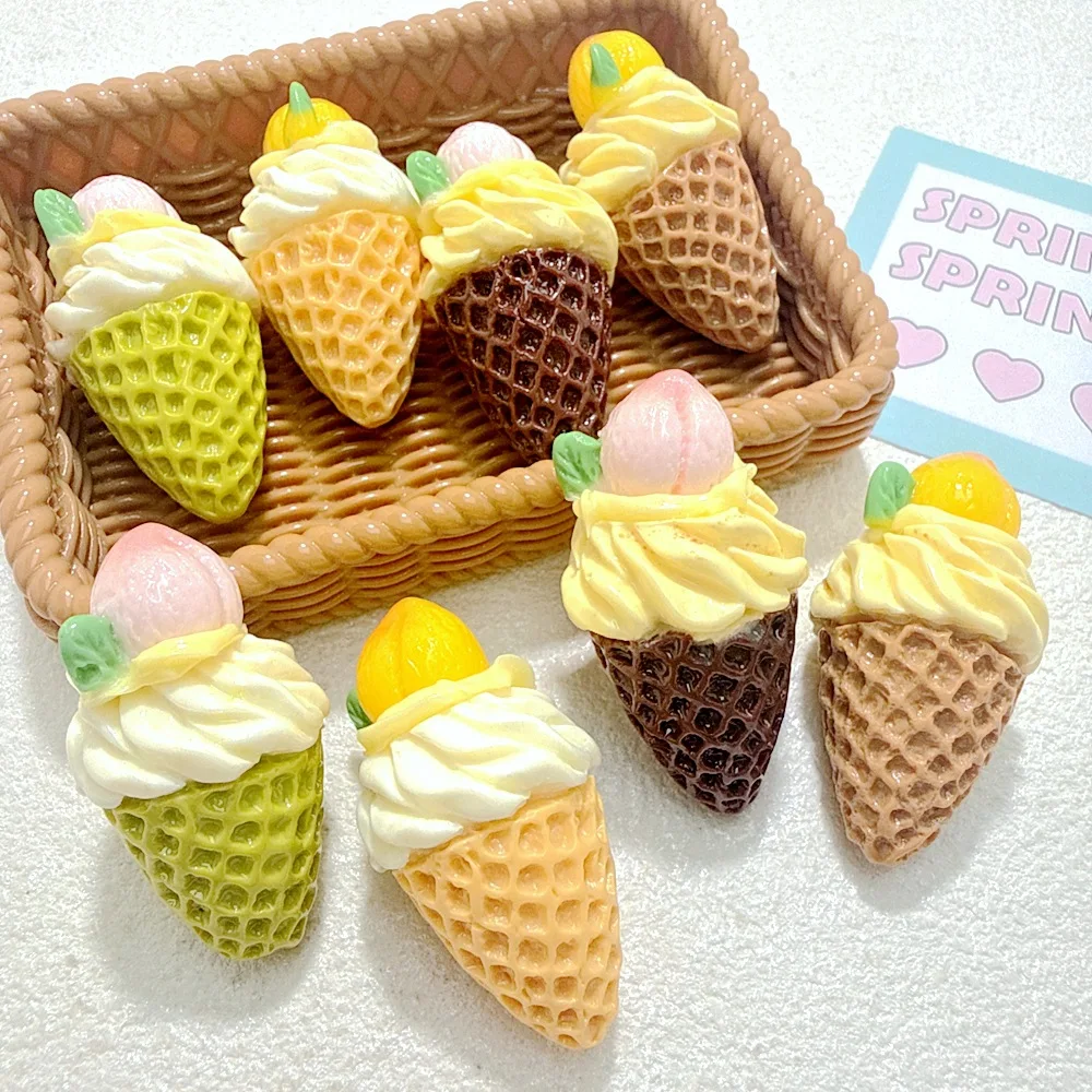 5pcs Simulation 3D peach cream ice cream cone resin decorative accessories diy handmade Creative keychain bag hanger accessory