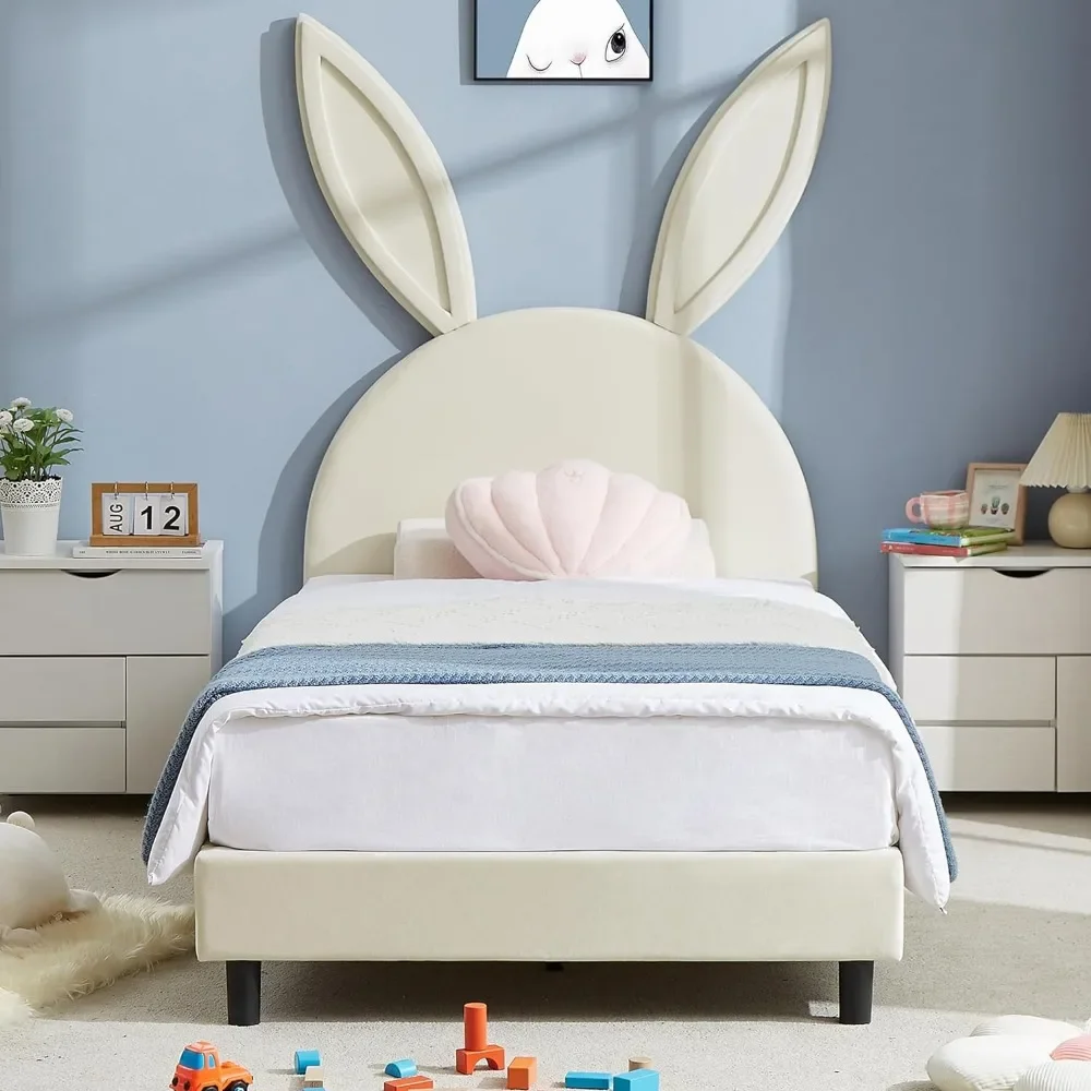 Marco de cama individual para niños, cabecero acolchado, cama de princesa para niñas con 12 soportes planos, cama para niños beige