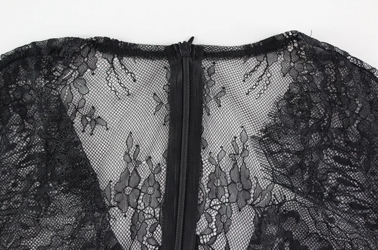 Vrouwen Sexy See Through Ruches Split Bodycon Maxi Kanten Jurk V-hals Volledige Mouw Slim Party Clubwear Lang Gewaad Mode Cover Ups