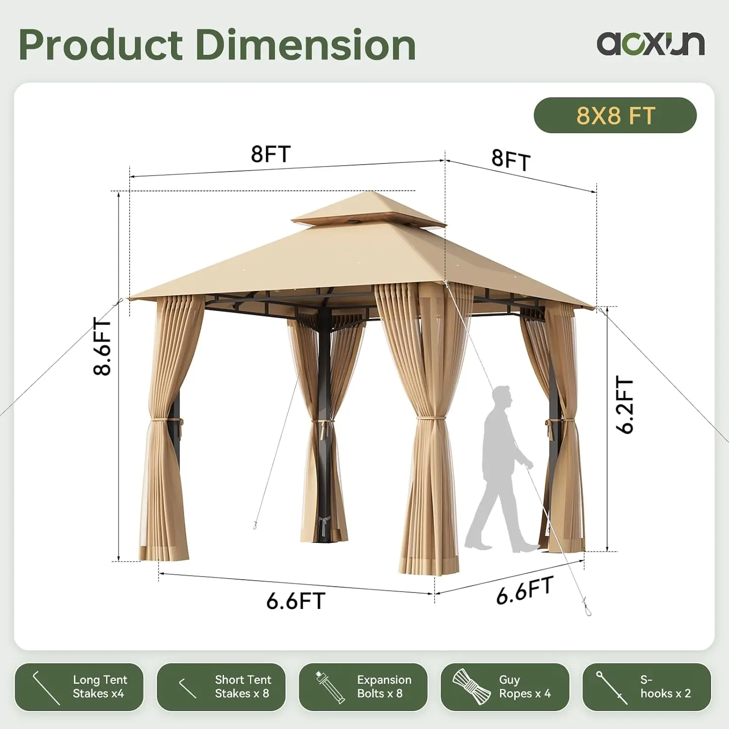 8x8 FT Beige Outdoor Gazebo Canopy, Double Roof Party Tent with Mosquito Netting, Zipper Screens, Heavy Duty Frame