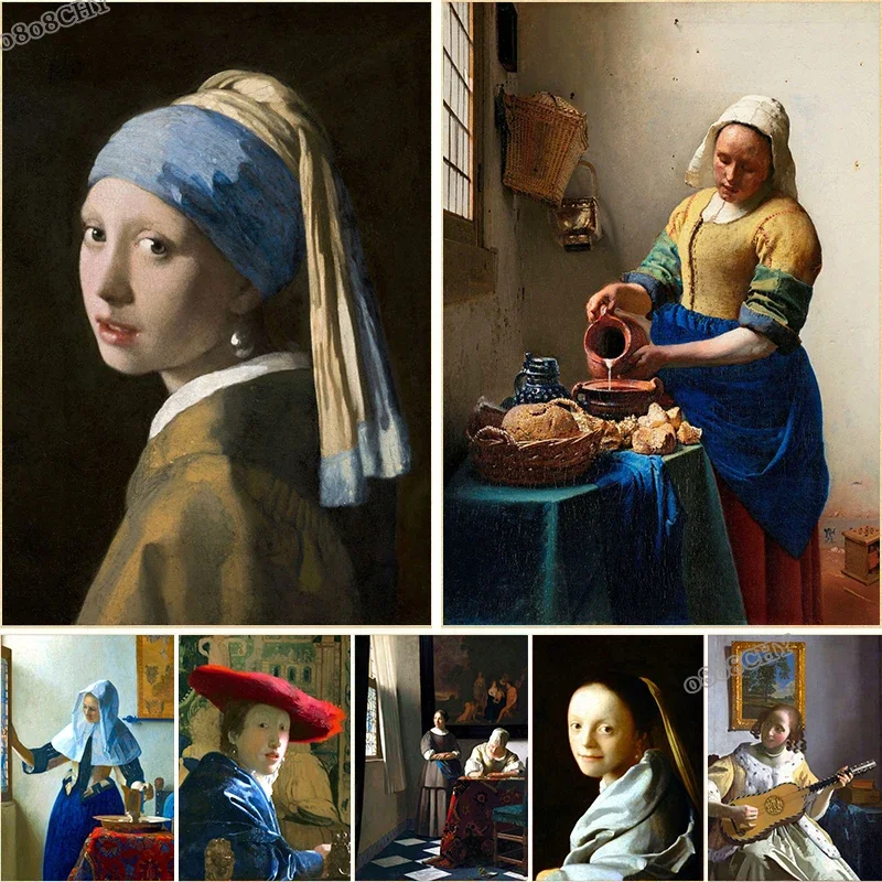 Johannes Vermeer Art Girl with A Pearl Earring ，Girl with The Red Hat Canvas Print Painting Abstract Wall Art Poster Home Decor