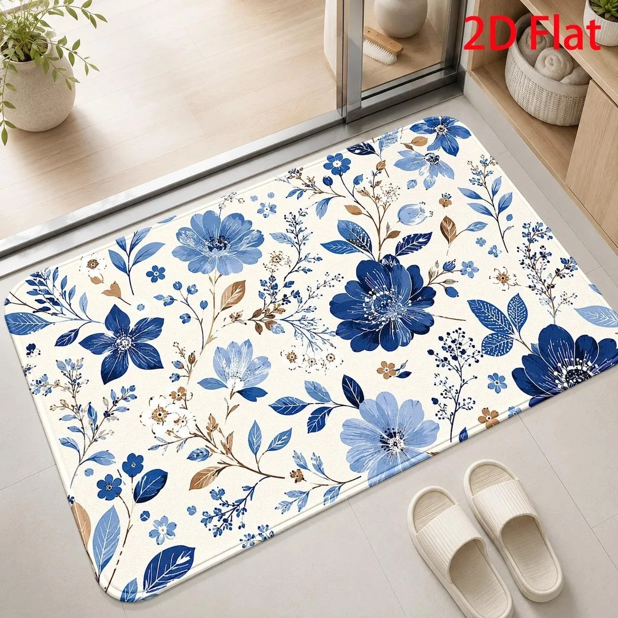 Pastel Tone Leaf Floral Dot Pattern Non‑Slip Doormat, Modern Art Style Rug for Home Entrance Porch Indoor Daily Household Decor