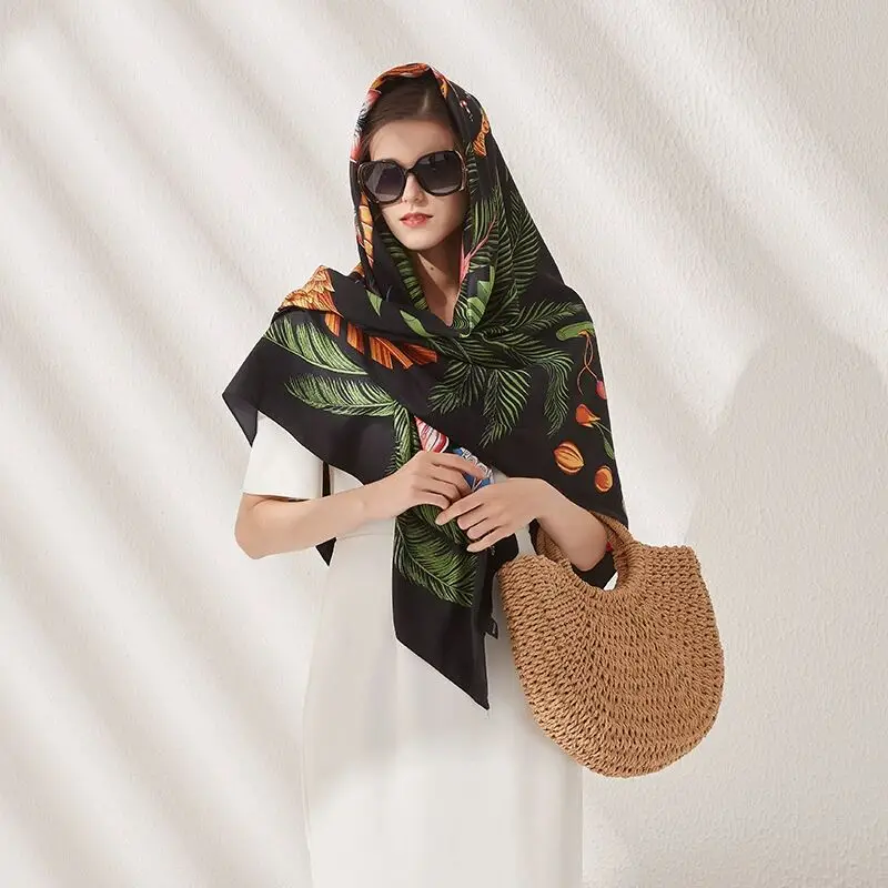 2023 New Style Palm Trees in Spring in Europe Women\'s Silk Sunscreen Scarves Headscarves Travel Shawls Warm big Square Scarves