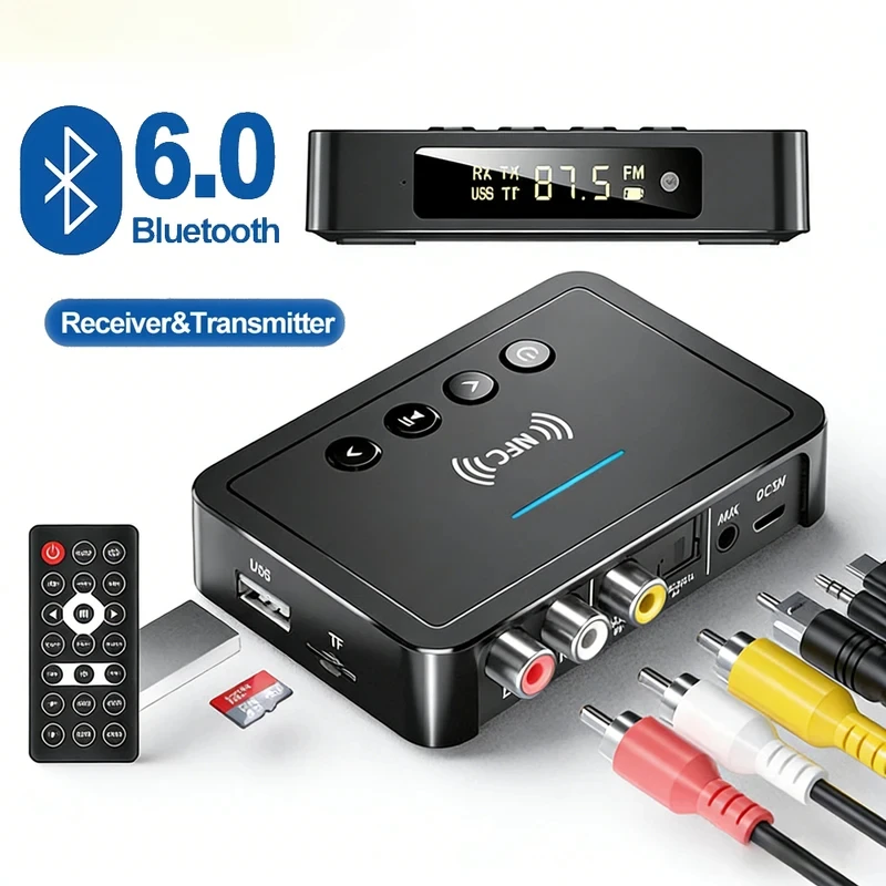NFC Bluetooth 6.0 Receiver Transmitter Wireless Adapter FM Stereo AUX 3.5MM Optical Coaxial TF/U-Disk Remote Control For TV PC