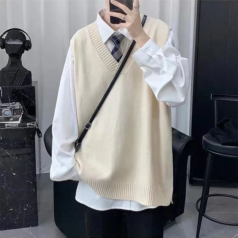 Vintage Herbst Winter Männer V Neck Pullover Weste Gestrickte Harajuku Casual Übergroßen Hoher Qualität Passenden Pullover Solide Schule Top