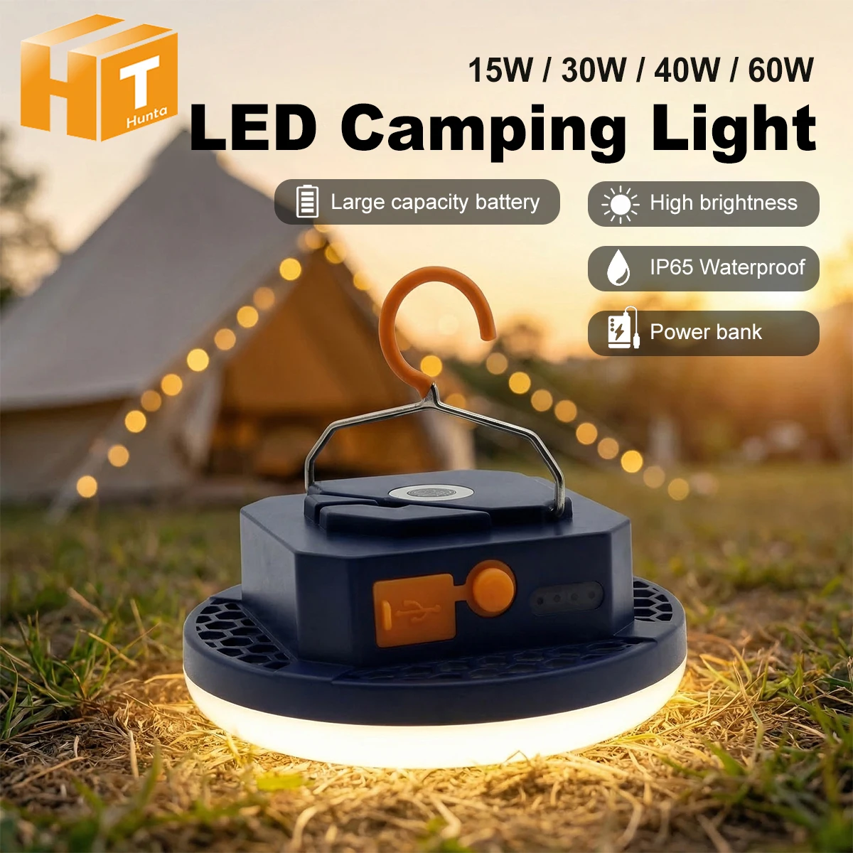 15W 30W 40W 60W LED-Campinglampe, hohe Helligkeit, Akku mit großer Kapazität, IP65 wasserdicht, LED-Campingbeleuchtung mit variabler Intensität