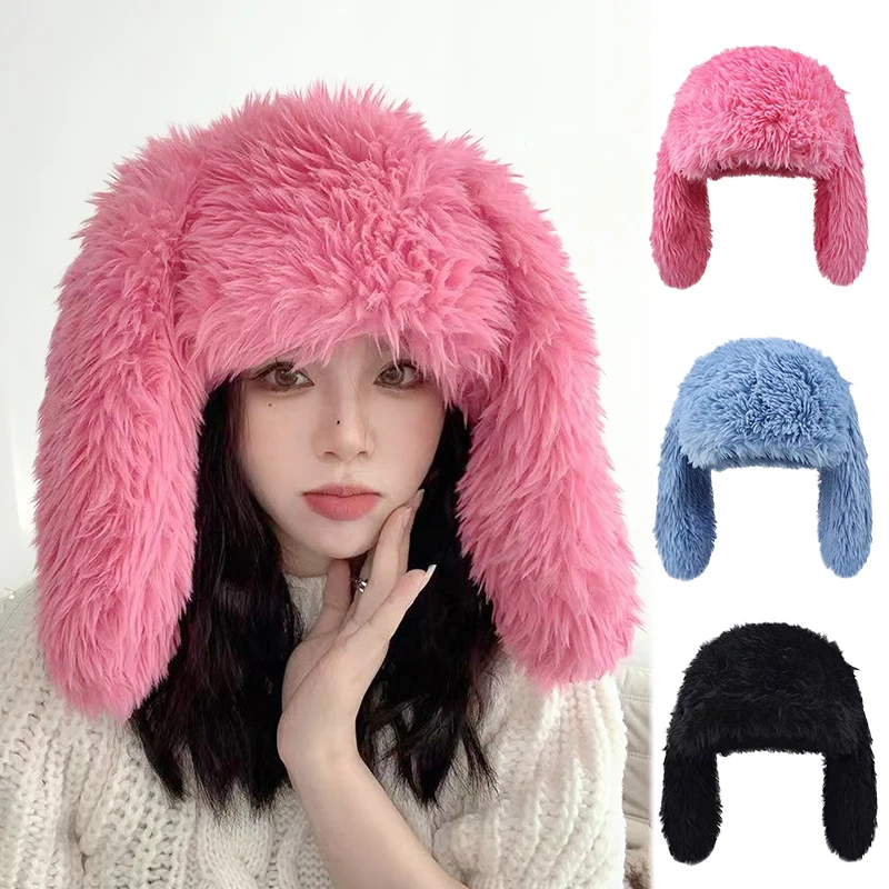

Pink Long Ear Rabbit Women Pullover Cap Cute Solid Girl Plush Beanie Winter Warm Headgear Bonnet Korean Fluffy Fur Knitted Hat