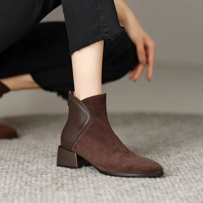 NEW Fall Shoes Women Sheep Suede Ankle Boots Round Toe Chunky Heel Boots for Women Winter Mature Women Boots Zipper Modern Boots