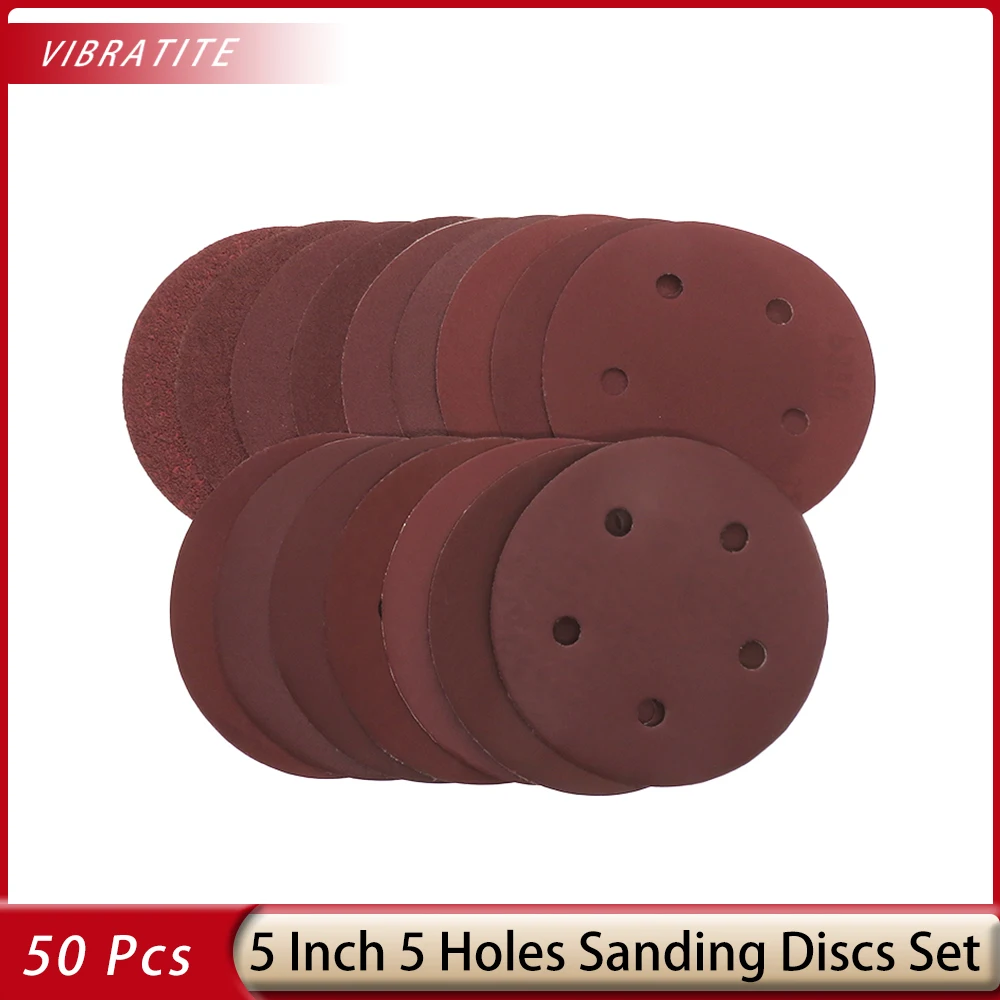 50 Pcs 5 Inch 5 Holes Sanding Discs 100-240 Grit Assorted Sandpaper  Random Orbital Sander Sandpaper  Hook&Loop Round Sandpaper