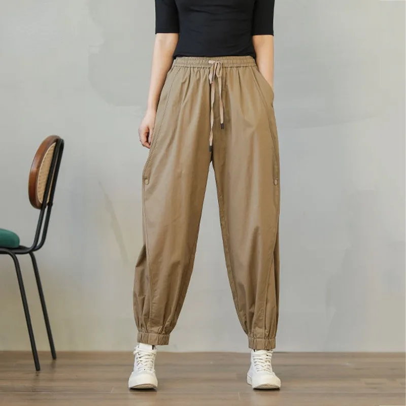 

2024 New Casual Drawstring Harem Baggy Pants Elastic High Waist Ankle Banded Bloomers Streetwear Khaki Linen Cargo Pants Women