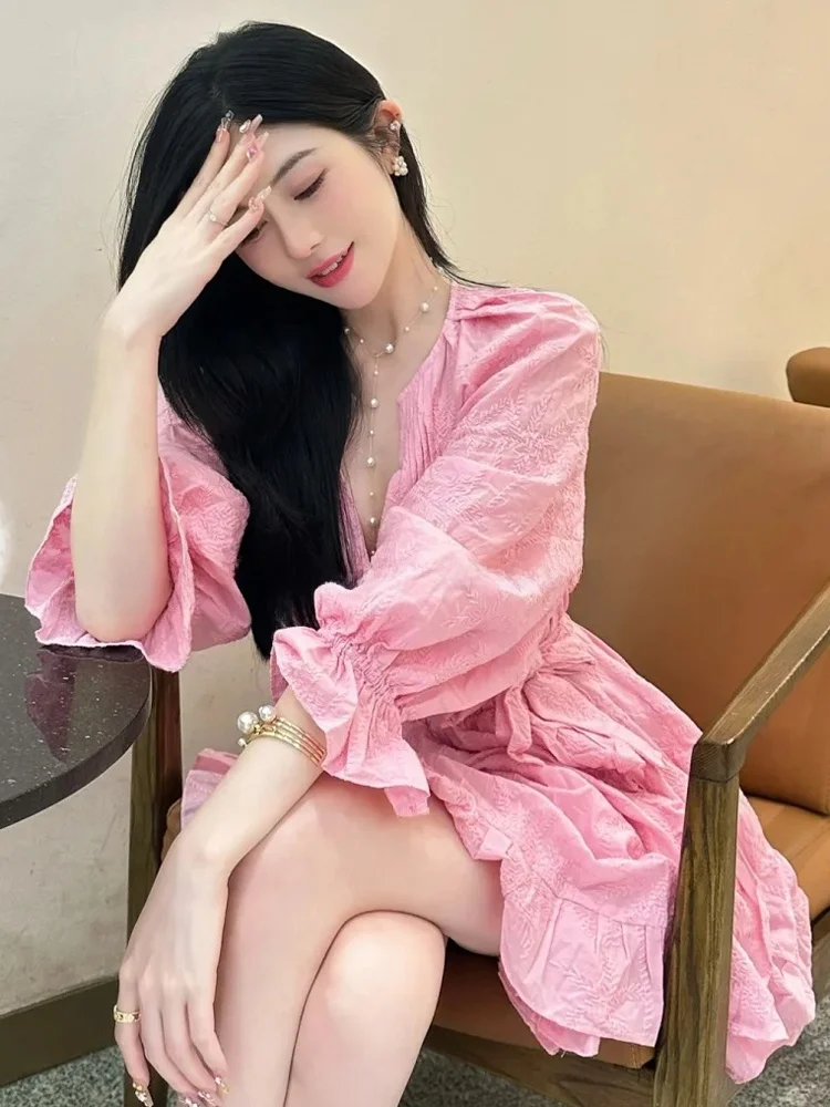 M Home dulce coreano Sle bordado V Ne Tie cintura linterna Sve Dr otoño nueva llegada mujer cintura alta Dr