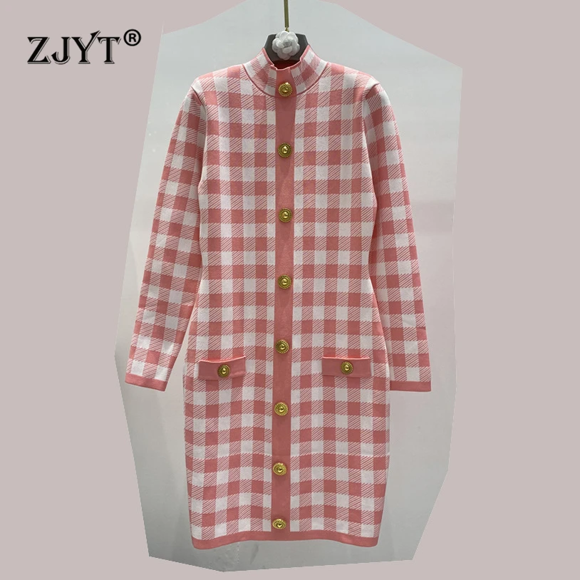 

ZJYT Runway Fashion Women Plaid Knitting Sweater Dresses Spring Vestidos 2025 Elegant Long Sleeve Stand Neck Casual Dress Pink