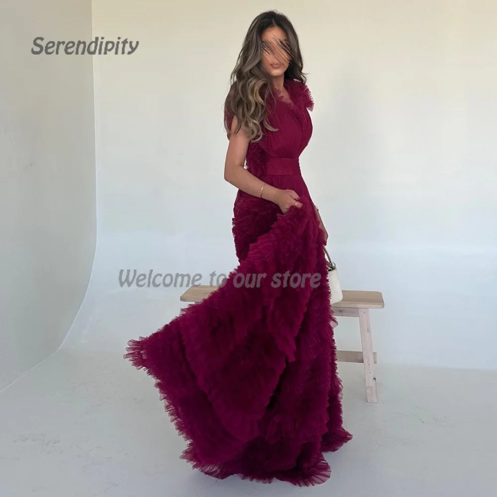 Serendipity فساتين سهرة Formal Evening Dress A-Line Elegant V-Neck Tiered Tulle Burgundy Cocktail Party Gown For Sexy Women 2024