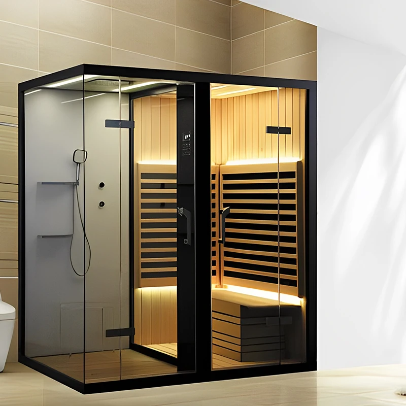 High Quality Modern Double Sauna Shower Room Deluxe Hemlock Solid Wood Far Infrared Function for Villas-Wholesale Price