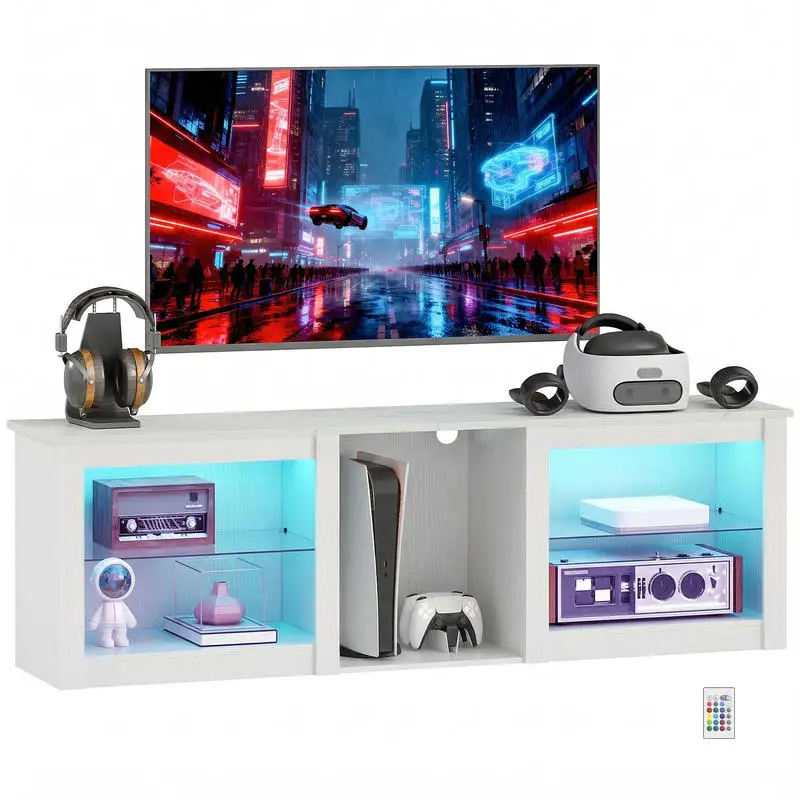 Meuble TV avec éclairage LED pour télévision jusqu'à 70 pouces, 160 cm avec étagères et verre réglables, blanc