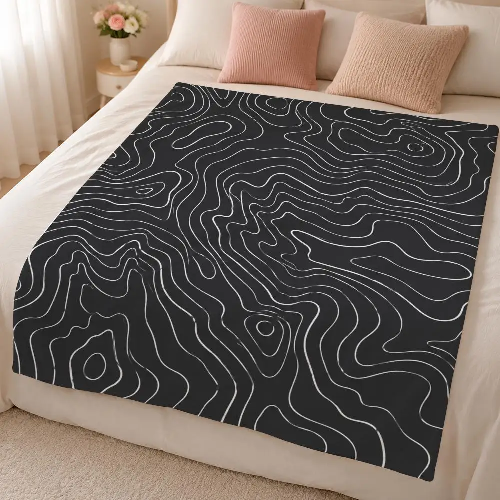 Topographic Contour Minimalist Line Pattern Throw 320g Soft Flannel Fleece Throw Blanket Cover Sofa Bed Dorm Nap
