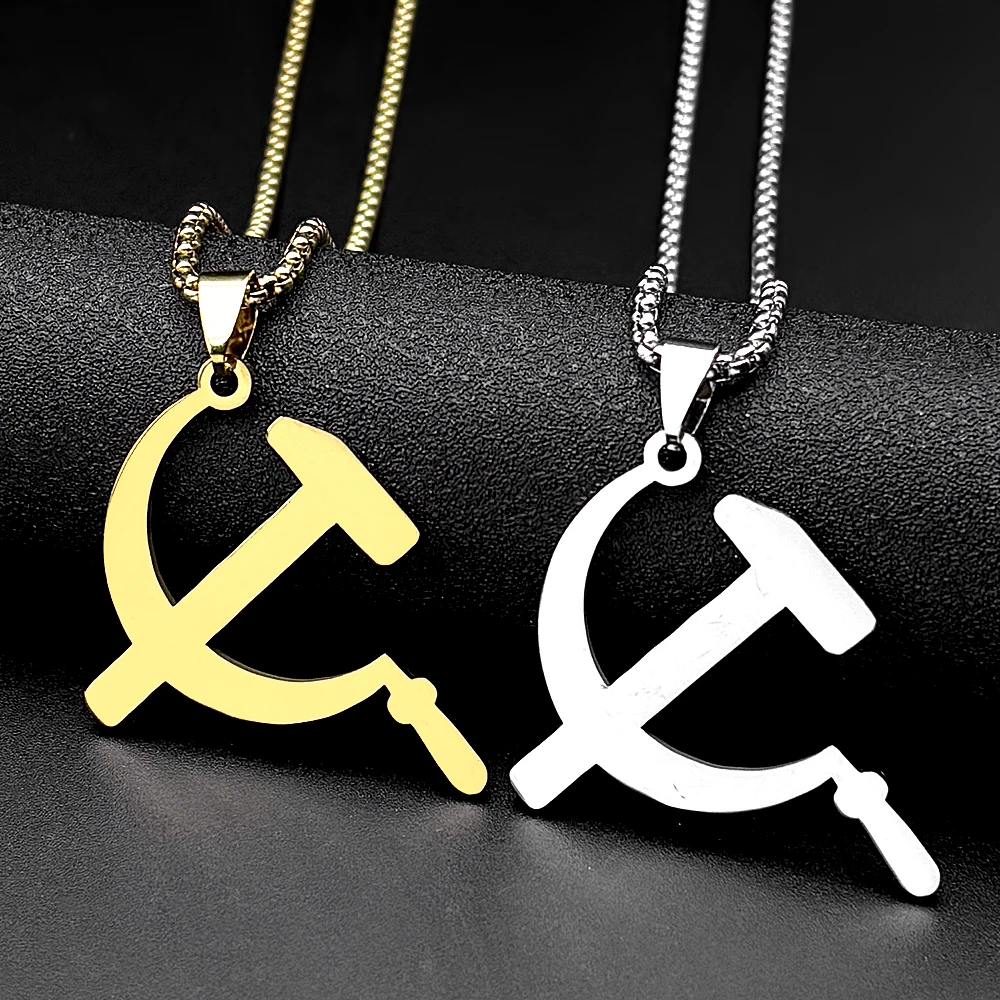 Hammer-Sichel-Anhänger-Halsketten für Damen und Herren, Edelstahl, Gold-Silber-Farbe, Arbeiter-Bauern-Kette, Komintern-Symbol-Schmuck