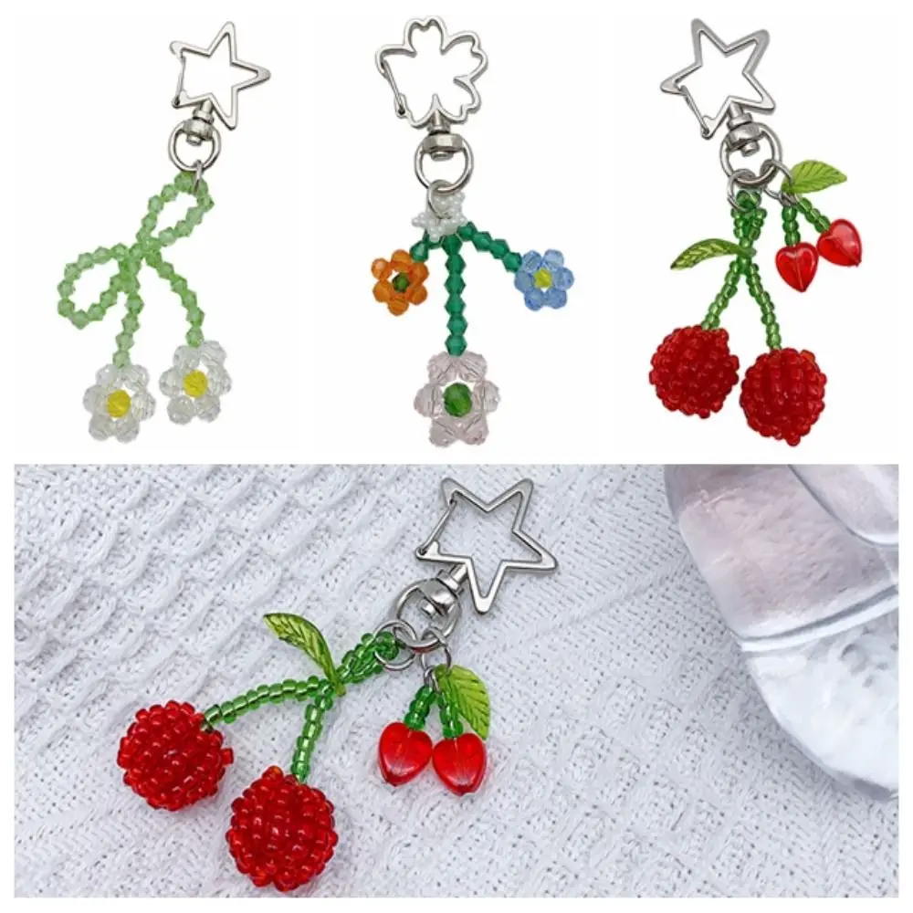 Backpack Ornament Crystal Cherry Keychain Handmade Bag Pendant Flower Keyring Beaded Key Holder Phone Chain Strap Phone Charm