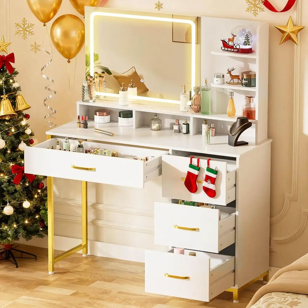 Vanity Desk with Mirror and Lights, Makeup Vanity Table with 4 Drawers & Storage Shelves, Large HD Mirror, 3 Color Modes & Adjus