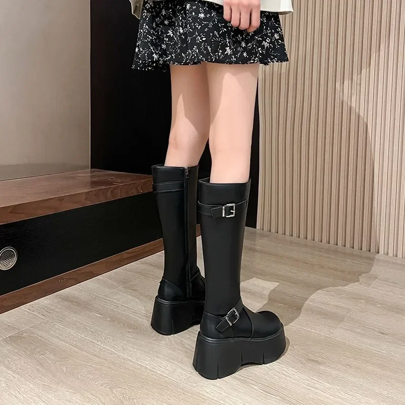 Platform Wedges Heel Women Knee High Boots Fashion Belt Buckle Slip on Outdoor Long Booties Autumn Winter Female Shoes 2024 New