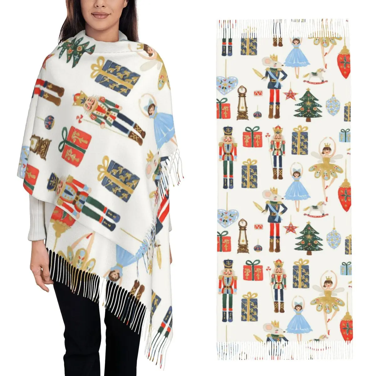 Christmas Nutcrackers Stars Ballerina Violin Scarf Tassel Scarves for Women Soft Warm Shawls and Large Fall Winter Shawl Wraps