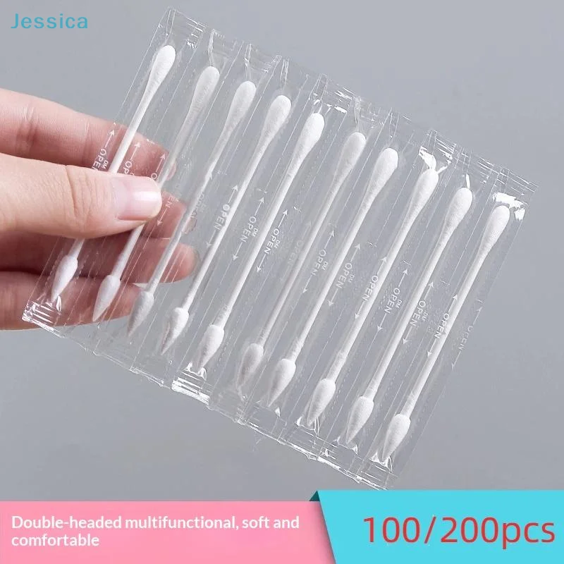 〔S〕100/200Pcs Individually Packaged Disposable Cotton Swabs For Makeup Cleaning Ear Tips Travel Use
