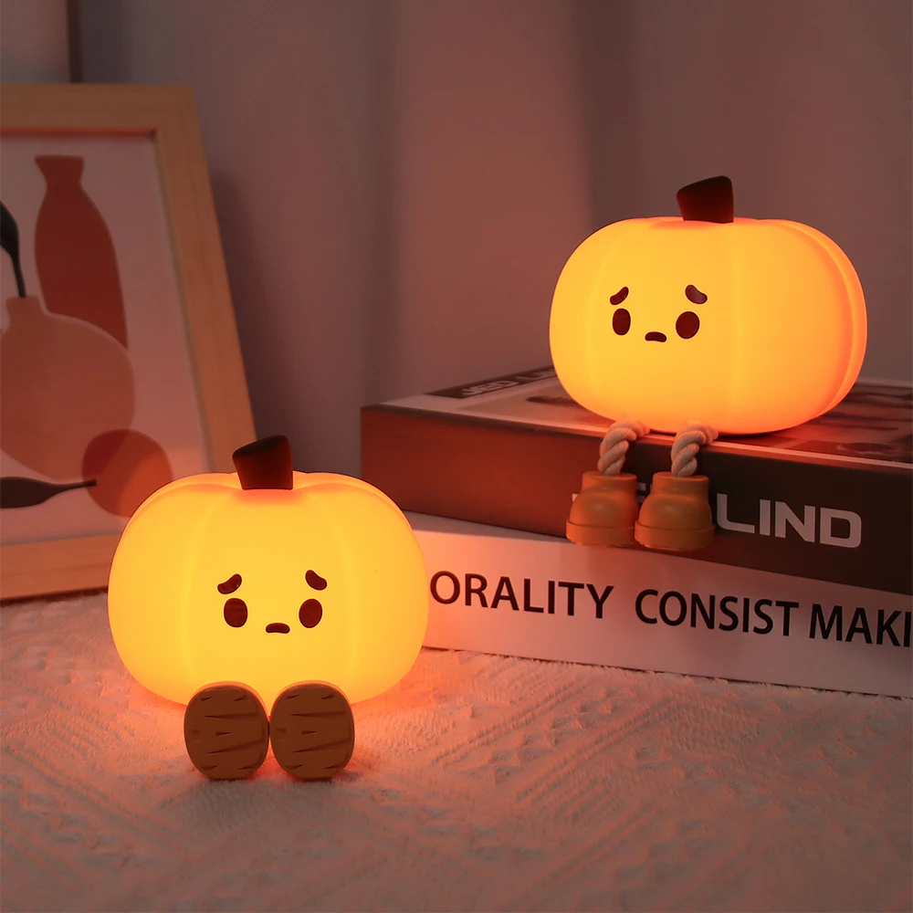 Pumpkin Night Light Cute LED Silicone Dimmable Nursery Kids Rechargeable Bedside Touch Lamp Funny Office Desk Halloween Decor