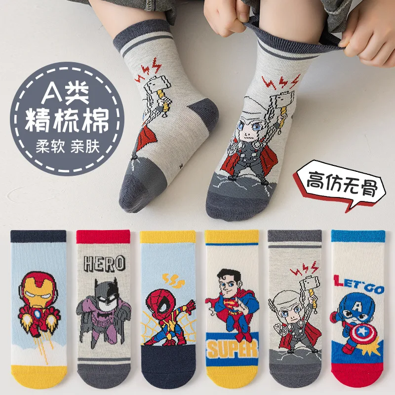 6 Pairs Marvel Children Socks Anime Kids Boys Short Sock Iron Man Captain America Cartoon Baby Fall Mid-calf Cotton Socks 1-12Y