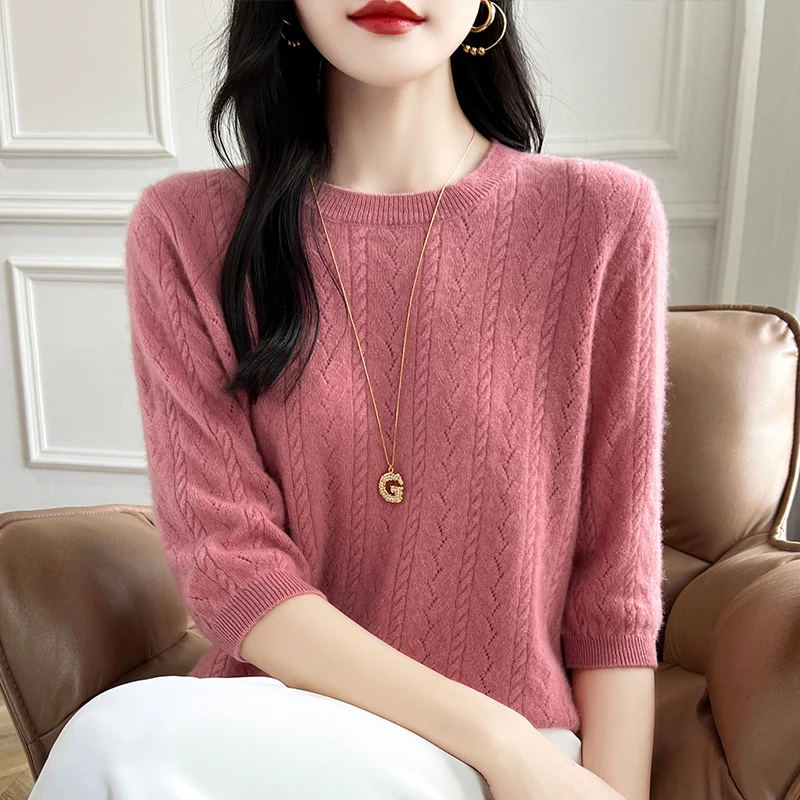 

Spring and Autumn New 100% Pure Sweater Five-Sleeve Women's Round Neck Hollow Crochet Knitted Short Sleeve Loose Sweater