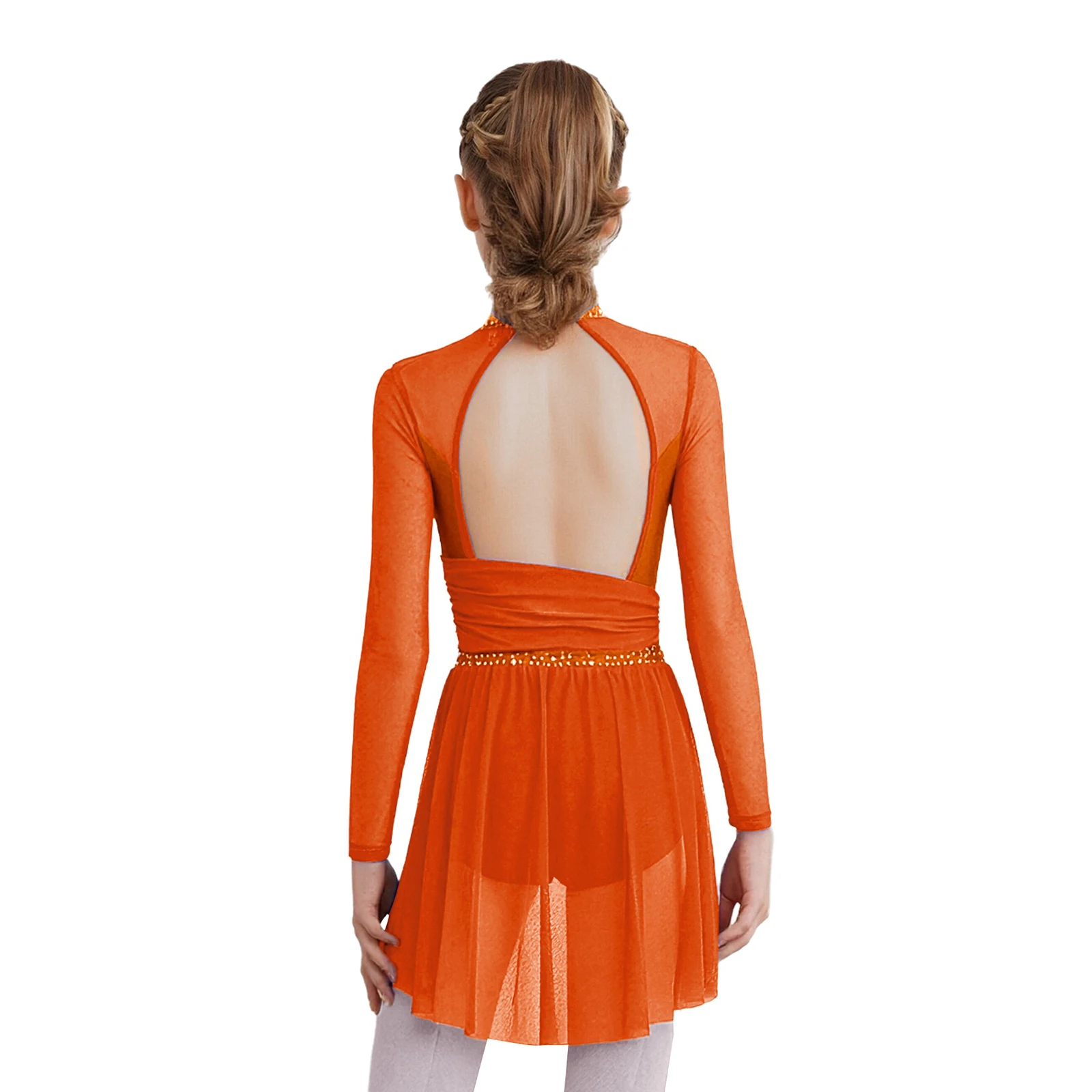 

Детское платье для гимнастики, фигурного катания, балета и лирического танца для девочек, костюм для выступлений, с боковым разрезом, из прозрачной сетки, с драпировкой, в виде комбинезона-платья