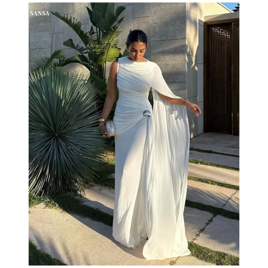 

Sansa Customized White With a Shawl Sleeveless Party Dress Chiffon Mermaid Floor-Length Prom Dress O-Neck Evening Dresses 2025