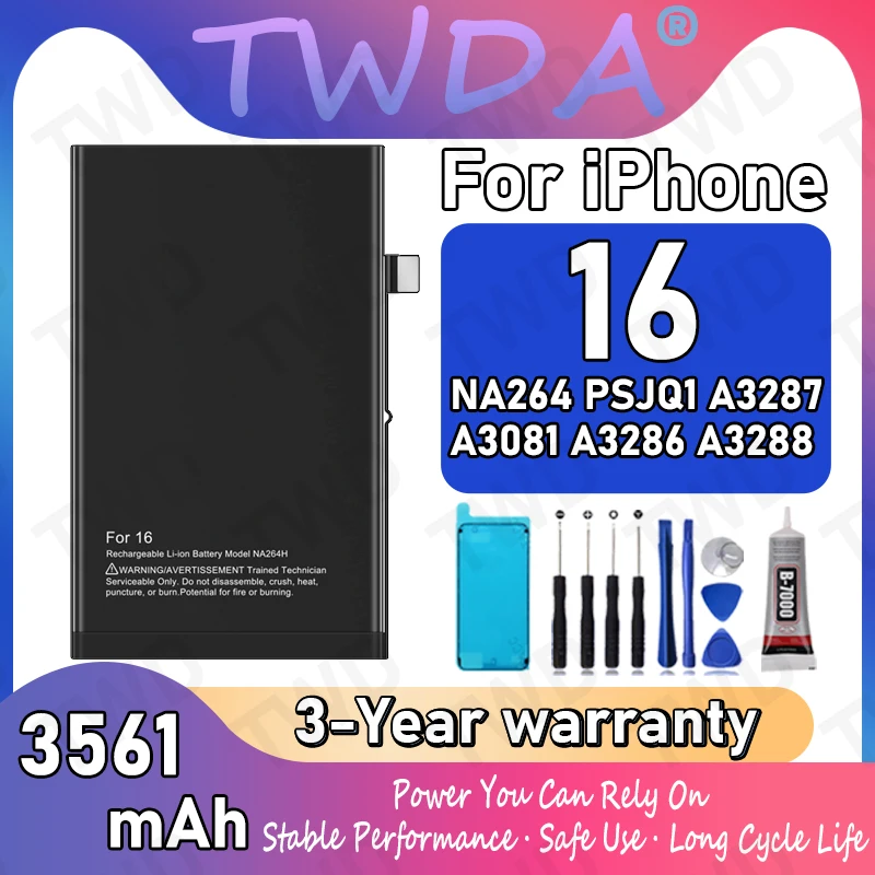 

NA264H Large capacity 3561mAh Battery For iPhone 16/NA264/PSJQ1/A3287/A3081/A3286/A3288 Batteries New High Quanlity+Free Tools