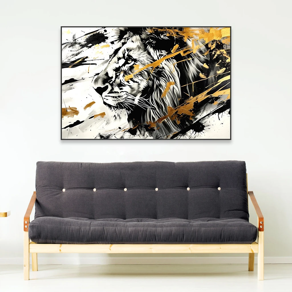 Large Wild Animal Golden Art Poster Lion Abstract Wall Art Prints Lion Head Motivational Canvas Painting Room Office Art Decor